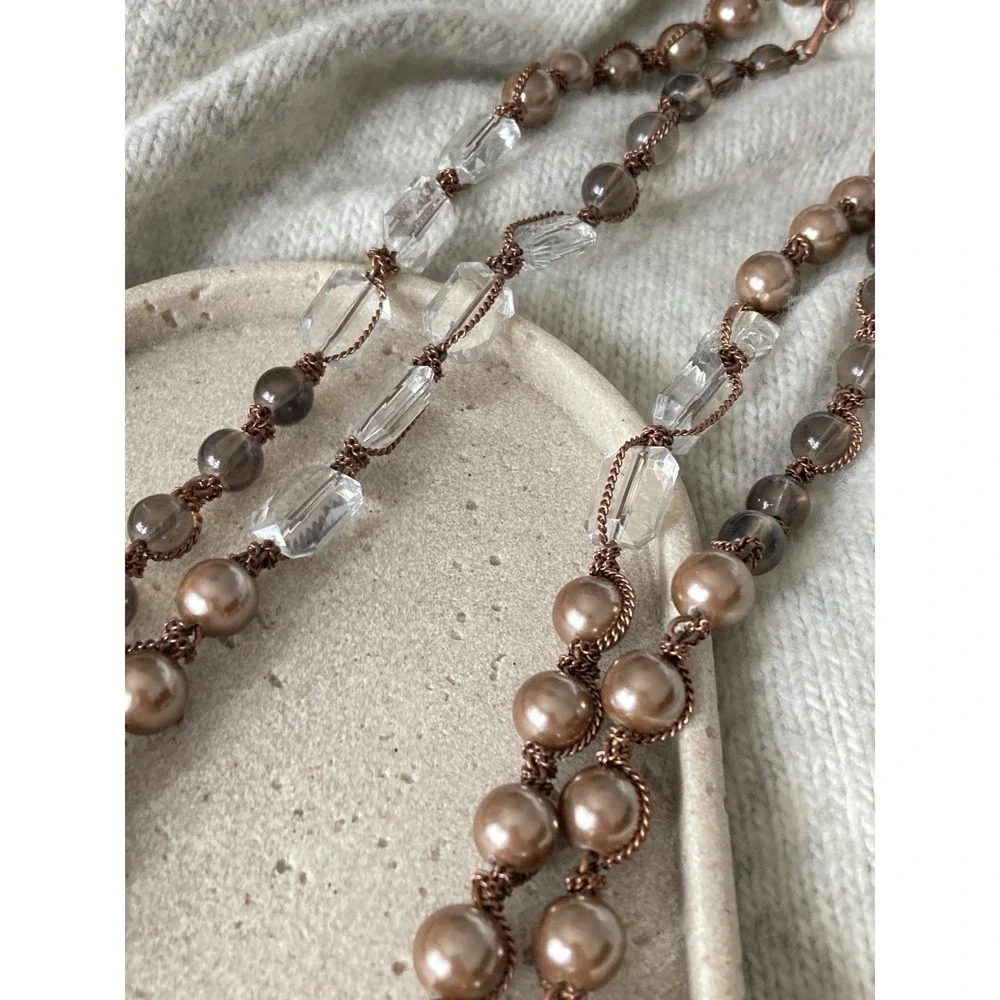 Copper Tone Multi Strand Beaded Necklace Faux Pearl Clear‎ Gray Beads Romantic